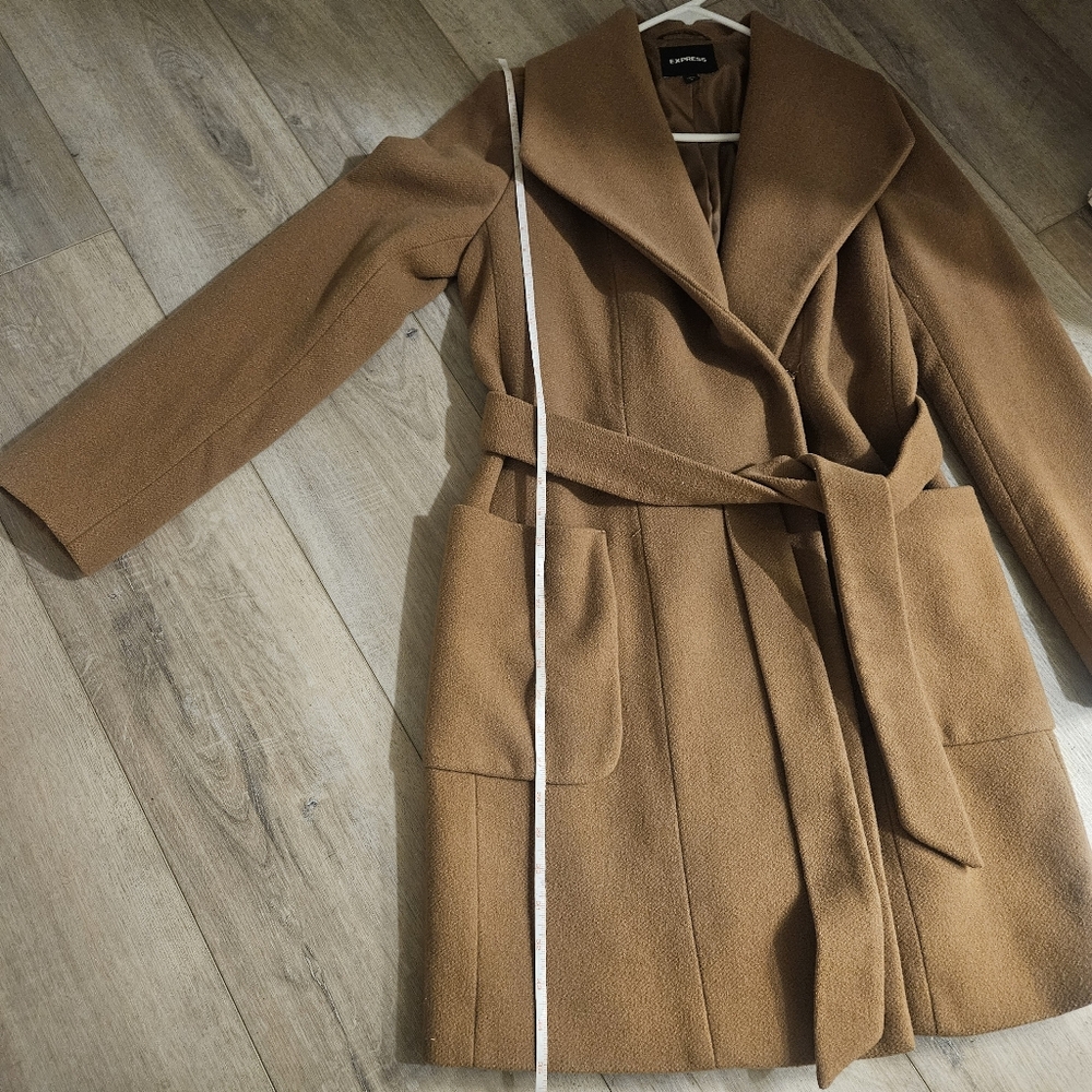 EXPRESS Recycled Wool Belted Trench Coat Camel Medium - Picture 9 of 10